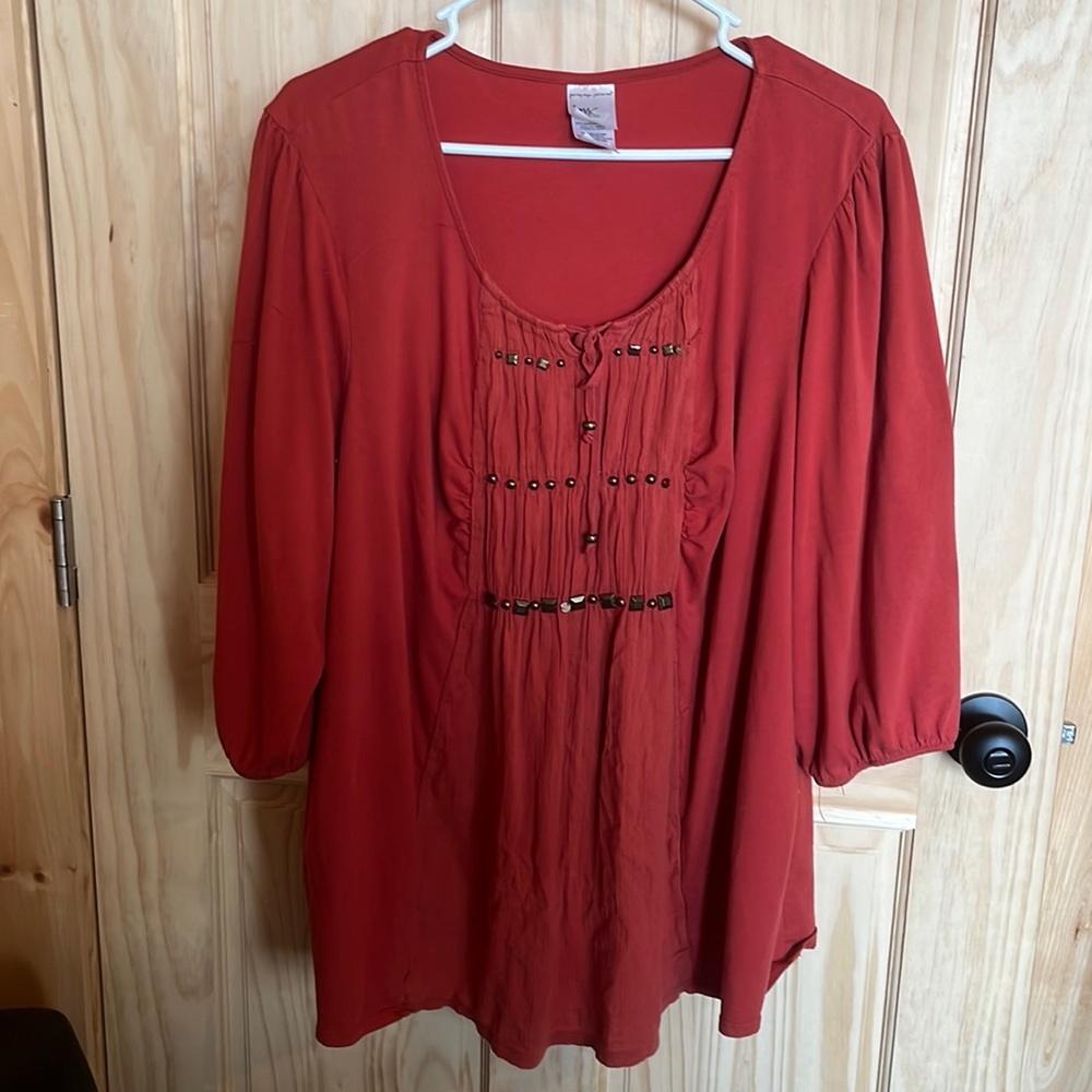 3x just my size, orange, three-quarter sleeve blouse with pretty bodice